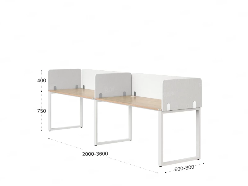 Бенч-система в 1 ряд, 2 рабочих места 5 тканевых экранов 3200x600x750 RM168-1-32x6 Вяз Швейцарский светлый/Белый