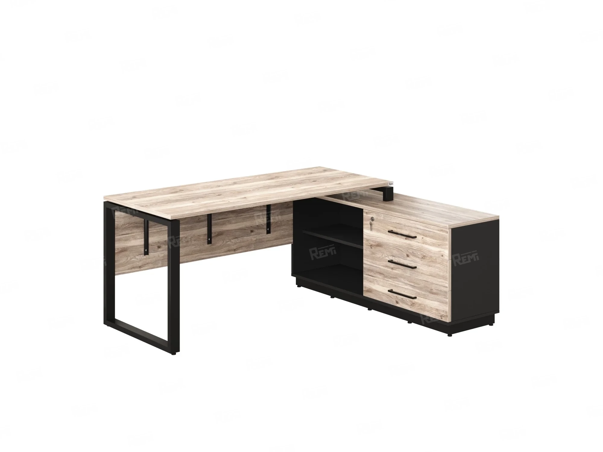 Стол прямой с тумбой R, ЛДСП экран, О-опора 1400x1400x750 RM012R-14x6 Дуб Маувелла/Черный