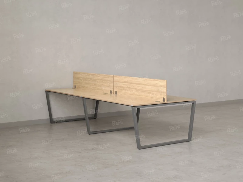 Бенч-система, 4 рабочих места, на U-образных опорах, 2 ЛДСП экранов 2400x1400x750 RM173-4-12x14 Вяз Швейцарский светлый/Серый