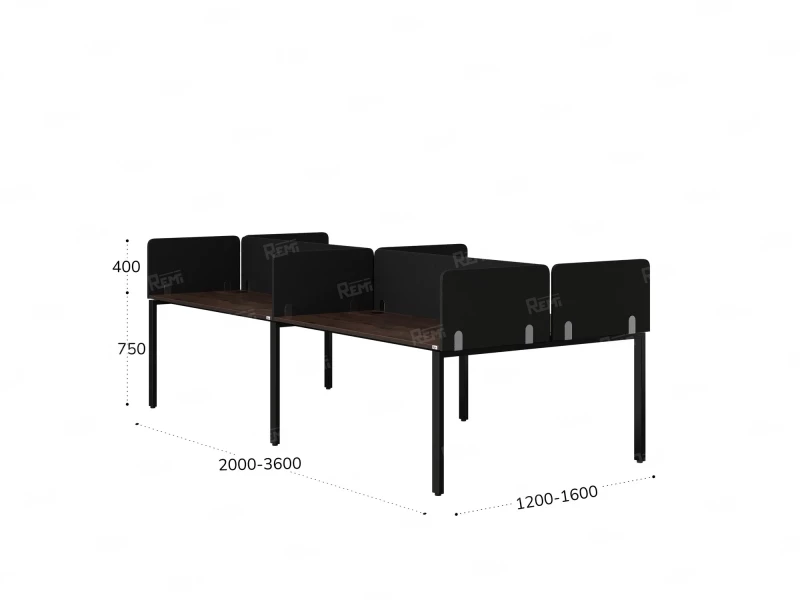 Бенч-система, 4 рабочих места, на П-образных опорах, 8 тканевых экранов 2800x1400x750 RM166-1-14x14 Дуб Апрельский шоколад/Черный
