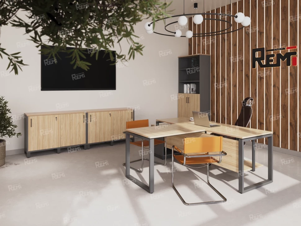 Стол прямой, подвесная тумба, ЛДСП экран, П-опора 1800x800x750 RM030-18x8 Вяз Швейцарский светлый/Серый