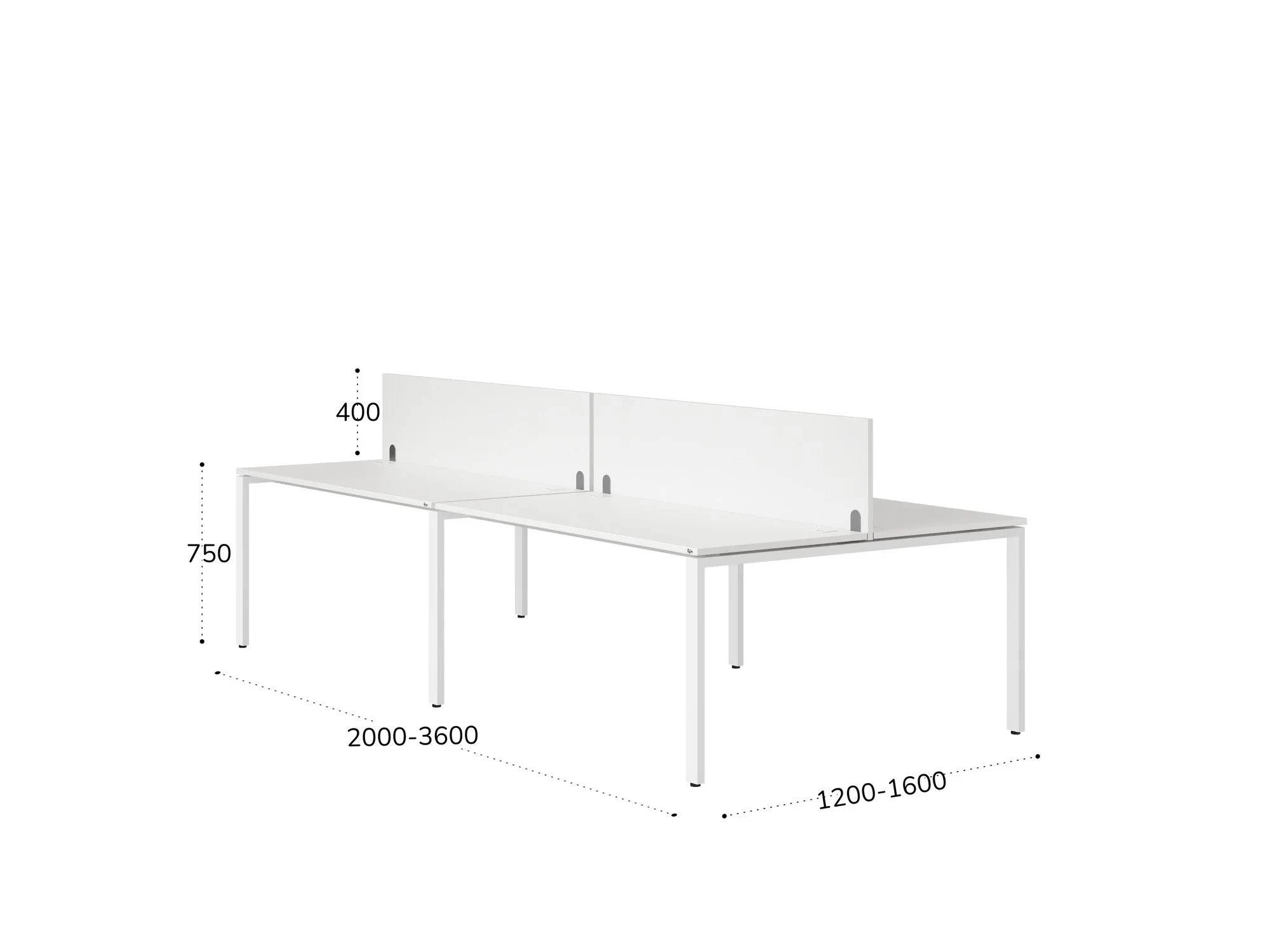 Бенч-система, 4 рабочих места, на П-образных опорах, 2 ЛДСП экранов 3200x1600x750 RM166-4-16x16 Белый/Белый