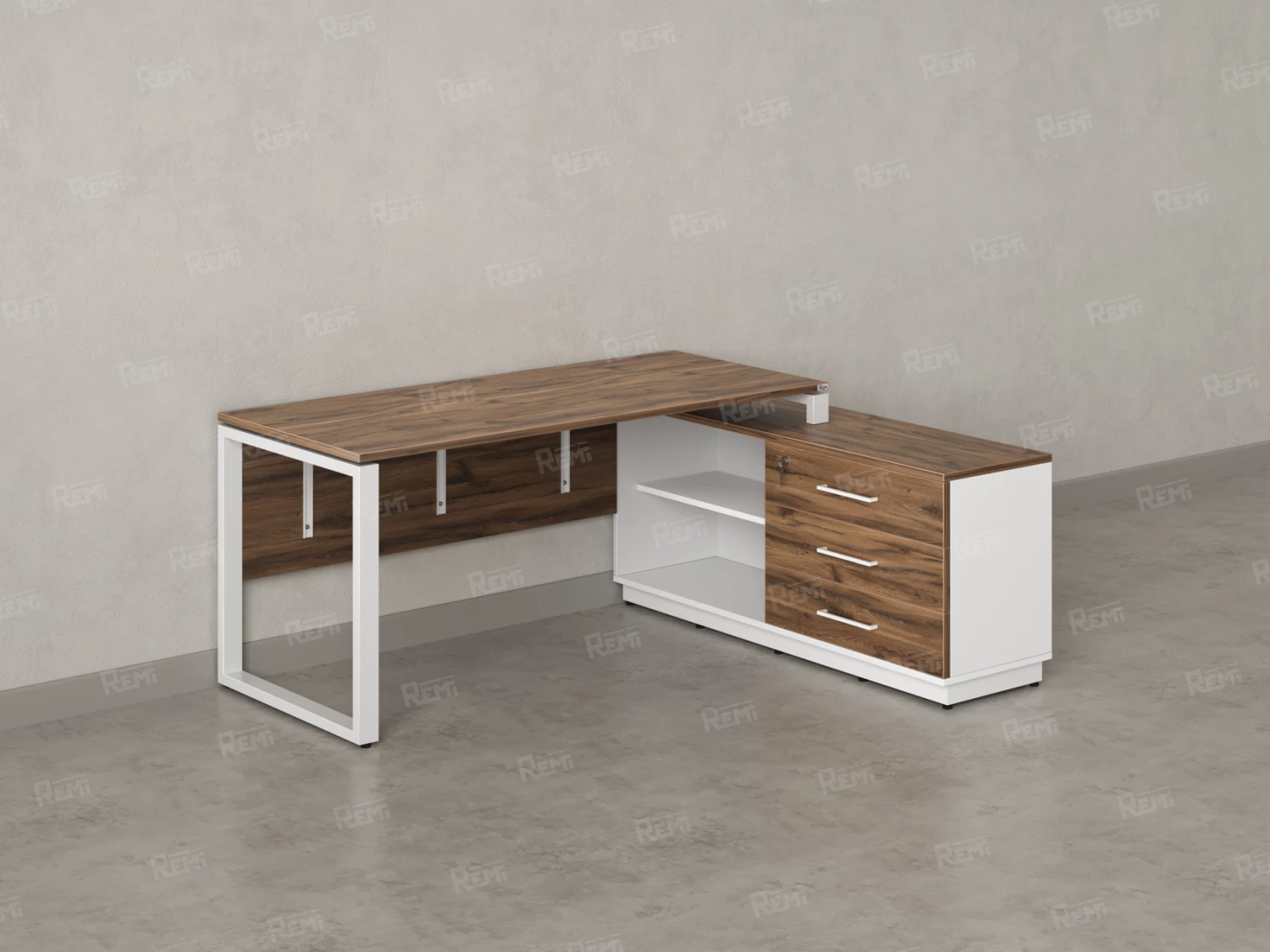 Стол прямой с тумбой R, ЛДСП экран, О-опора 1400x1400x750 RM012R-14x6 Дуб Юстус/Белый