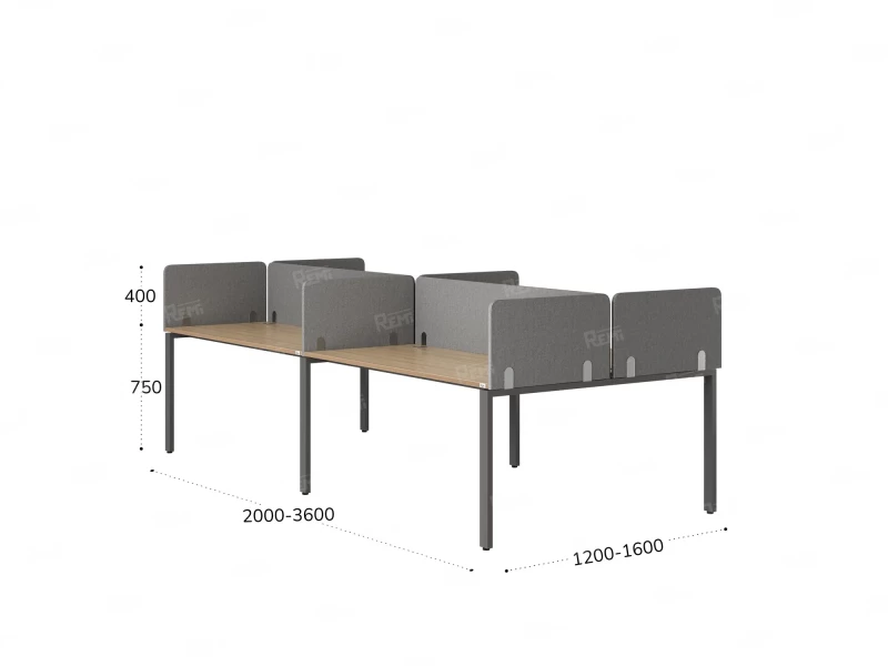 Бенч-система, 4 рабочих места, на П-образных опорах, 8 тканевых экранов 3600x1600x750 RM166-1-18x16 Вяз Швейцарский светлый/Серый