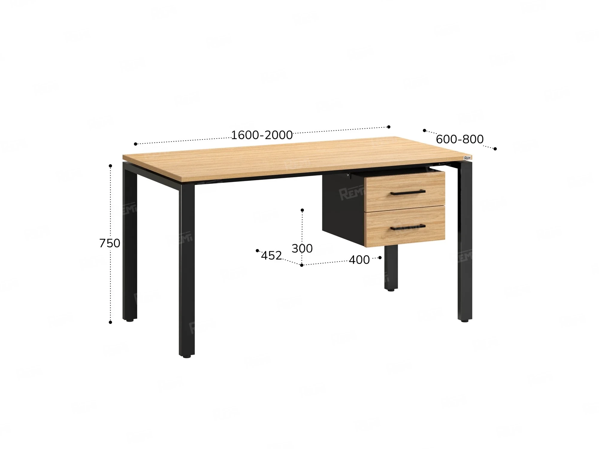 Стол прямой с подвесной тумбой 2 ящика, П-опора 1800x800x750 RM039-18x8 Вяз Швейцарский светлый/Черный