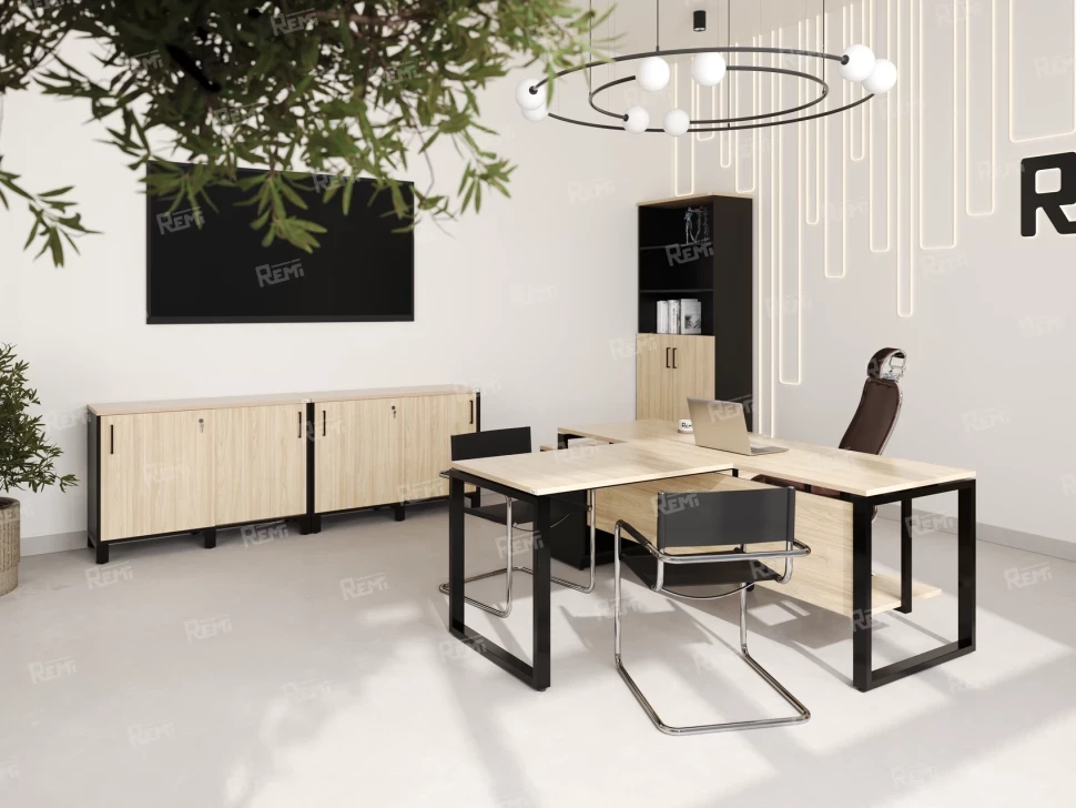 Стол прямой, подвесная тумба, ЛДСП экран, П-опора 1800x800x750 RM030-18x8 Вяз Швейцарский светлый/Черный