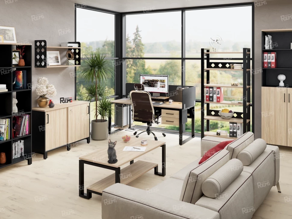 Стол прямой, подвесная тумба, ЛДСП экран, П-опора 1800x800x750 RM030-18x8 Вяз Швейцарский светлый/Черный