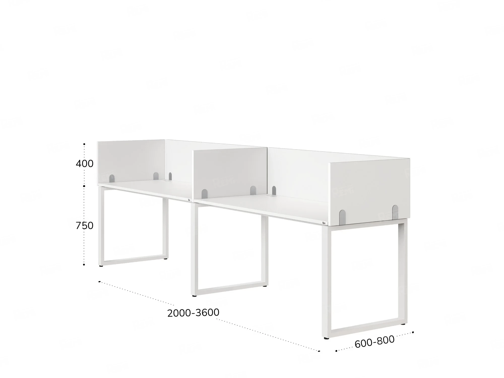 Бенч-система в 1 ряд, 2 рабочих места 5 ЛДСП экранов 2000x700x750 RM168-2-20x7 Белый/Белый