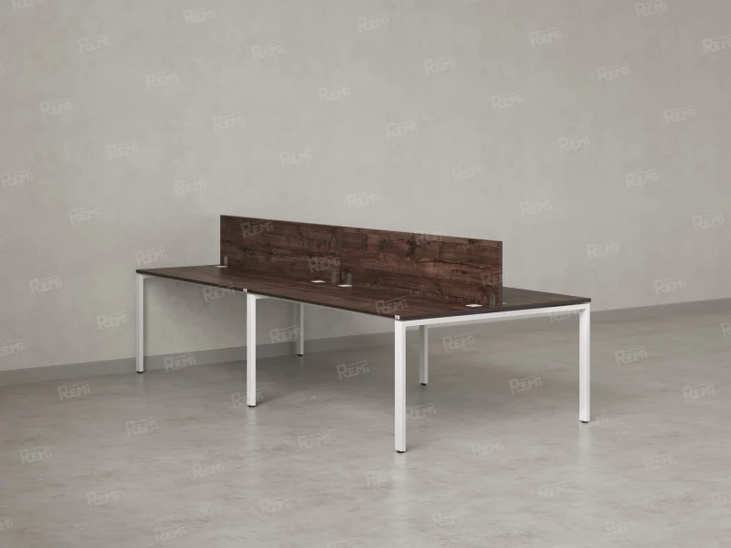 Бенч-система, 4 рабочих места, на П-образных опорах, 2 ЛДСП экранов 2400x1400x750 RM166-4-12x14 Дуб Апрельский шоколад/Белый