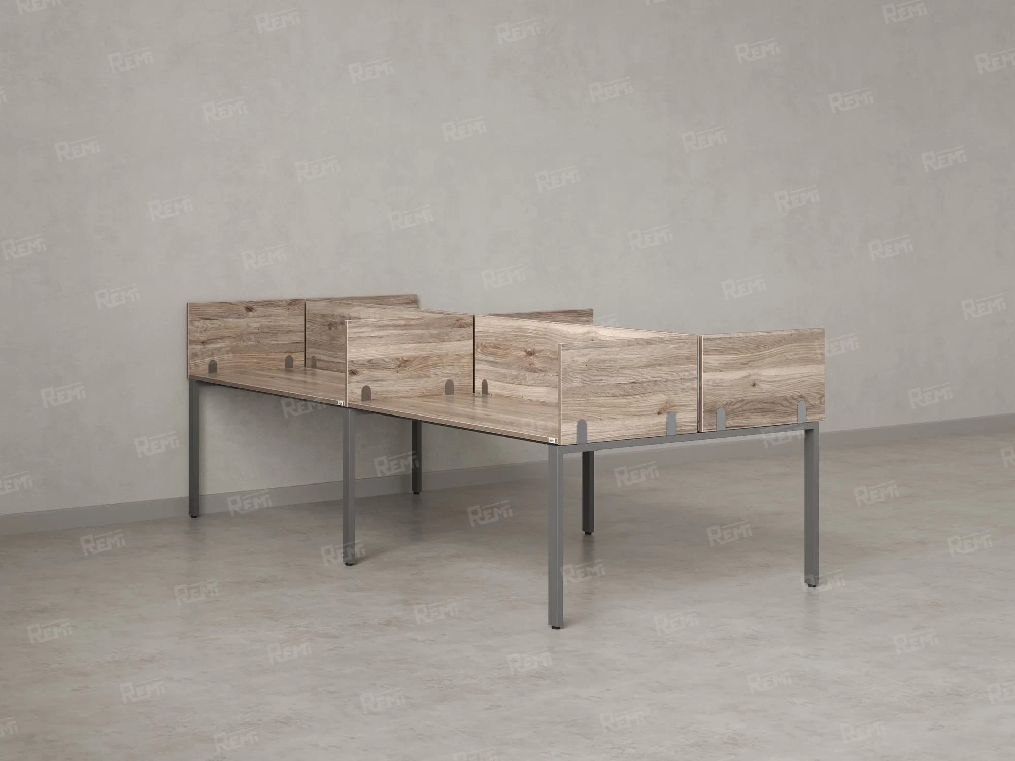 Бенч-система, 4 рабочих места, на П-образных опорах, 8 ЛДСП экранов 3600x1200x750 RM166-2-18x12 Дуб Маувелла/Серый