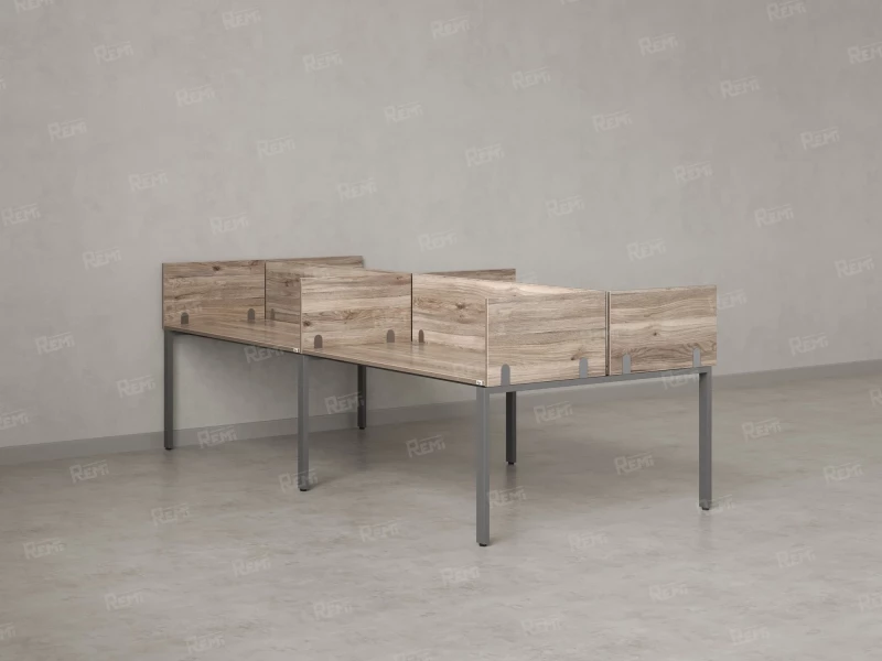 Бенч-система, 4 рабочих места, на П-образных опорах, 8 ЛДСП экранов 3600x1200x750 RM166-2-18x12 Дуб Маувелла/Серый