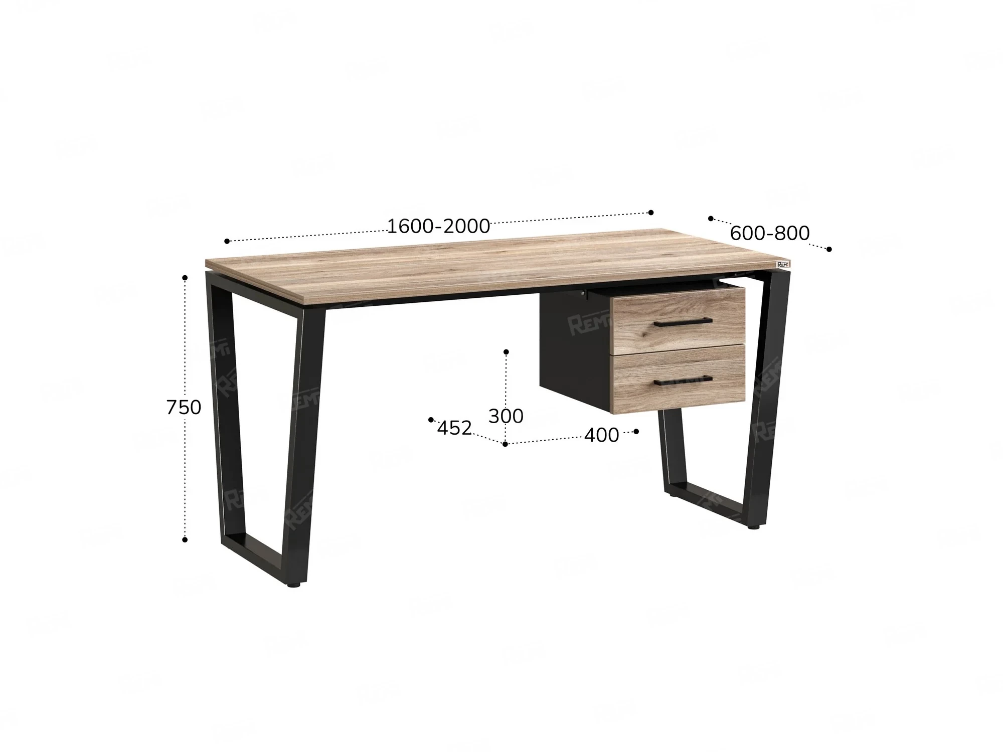 Стол прямой с подвесной тумбой 2 ящика, U-опора 1800x700x750 RM035-18x7 Дуб Маувелла/Черный