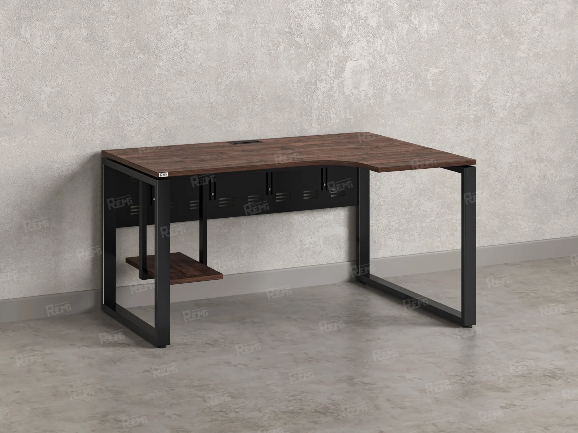 Стол угловой, экран металл, О-опора, правый 1400x600/900x750, RM057-14x6-9 Дуб Апрельский шоколад/Черный