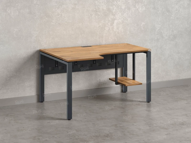 Стол угловой, экран металл, П-опора, левый 1400x700/900x750, RM059-14x7-9 Дуб Юстус/Серый