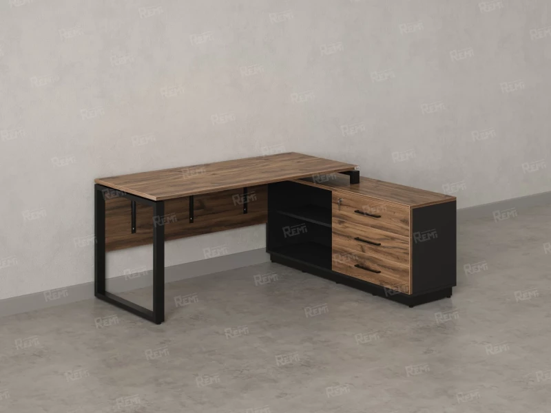 Стол прямой с тумбой R, ЛДСП экран, О-опора 1400x1400x750 RM012R-14x6 Дуб Юстус/Черный