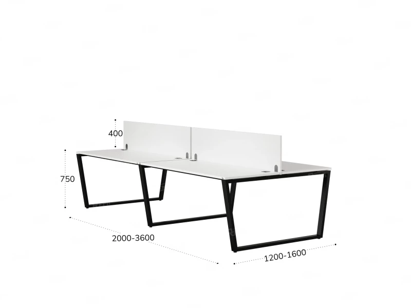 Бенч-система, 4 рабочих места, на U-образных опорах, 2 ЛДСП экранов 3200x1600x750 RM173-4-16x16 Белый/Черный