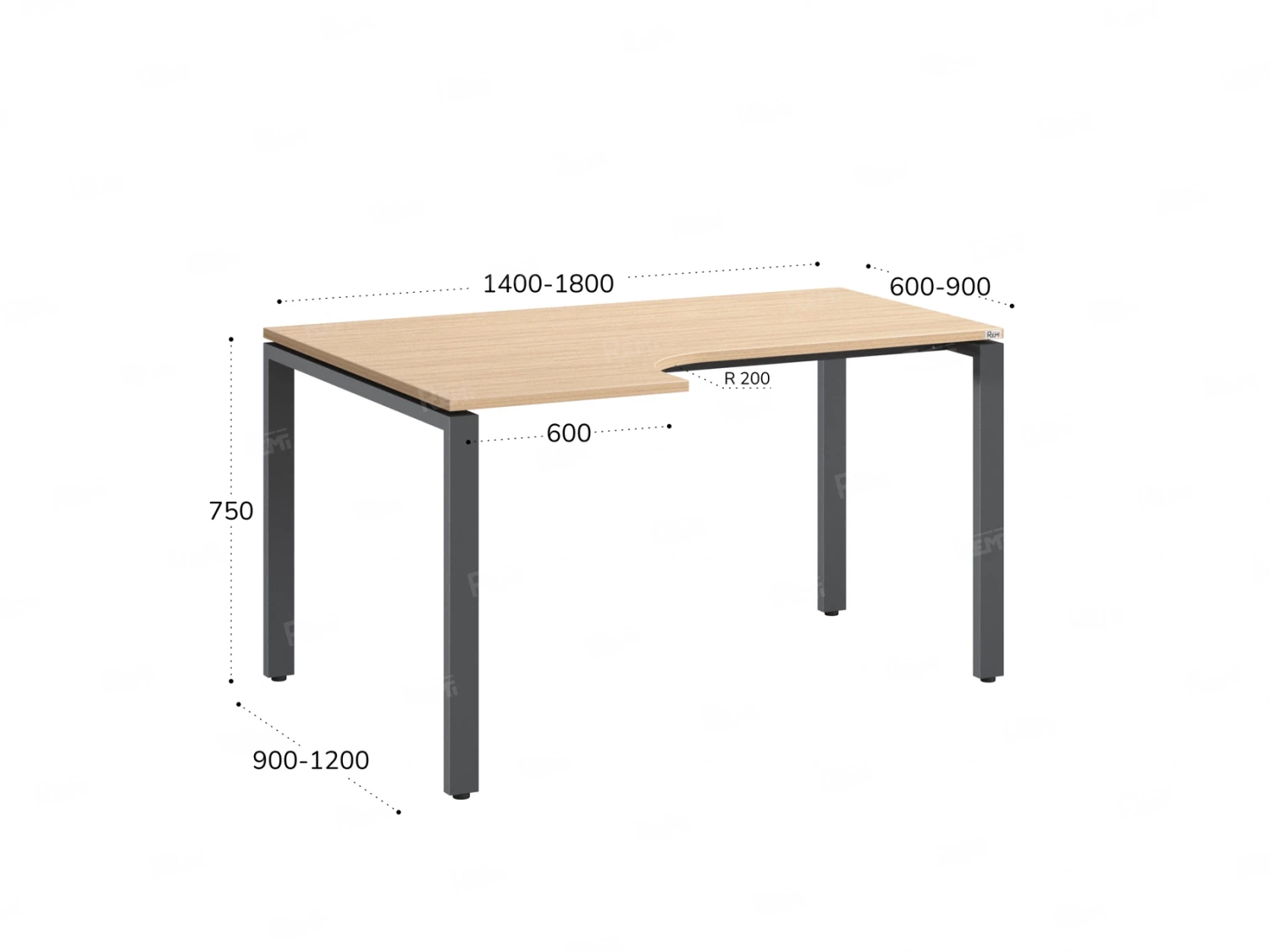 Стол угловой, П-опора, левый 1400x900/1200x750, RM053-14x9-12 Вяз Швейцарский светлый/Серый