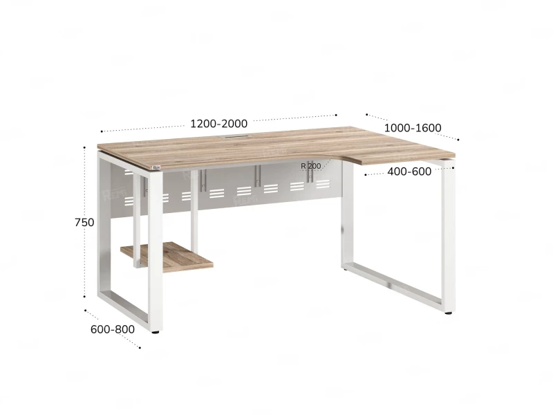 Стол угловой, экран металл, О-опора, правый 1400x600/900x750, RM057-14x6-9 Дуб Маувелла/Белый