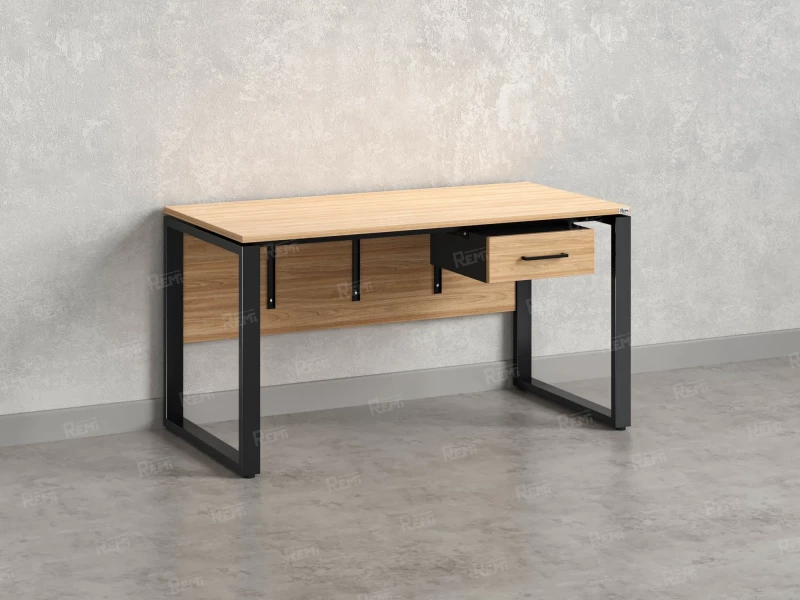 Стол прямой, подвесная тумба, ЛДСП экран, О-опора 2000x600x750 RM032-20x6 Вяз Швейцарский светлый/Черный