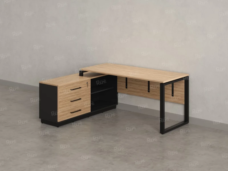 Стол прямой с тумбой L, ЛДСП экран, О-опора 1600x1400x750 RM013L-16x6 Вяз Швейцарский светлый/Черный