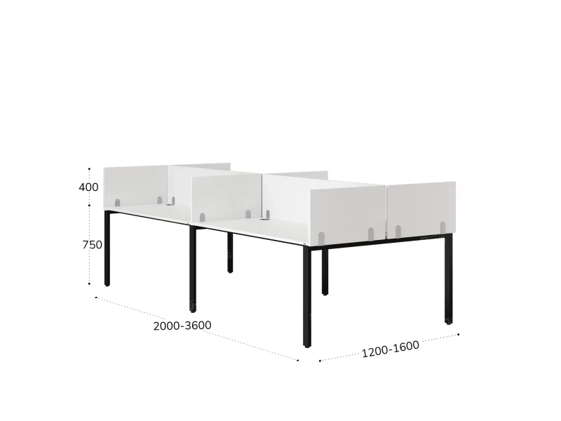 Бенч-система, 4 рабочих места, на П-образных опорах, 8 ЛДСП экранов 2800x1200x750 RM166-2-14x12 Белый/Черный