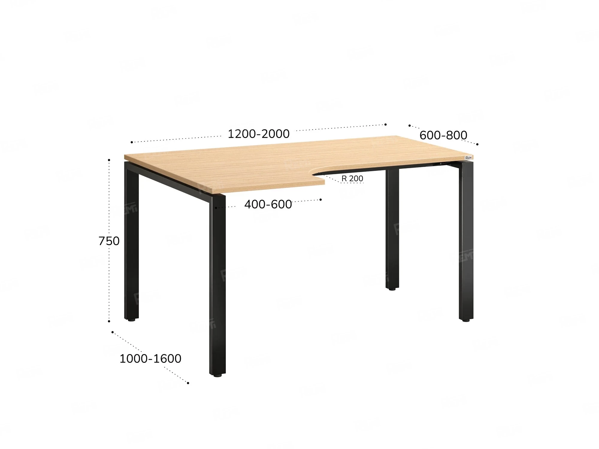 Стол угловой, П-опора, левый 1400x900/1200x750, RM053-14x9-12 Вяз Швейцарский светлый/Черный