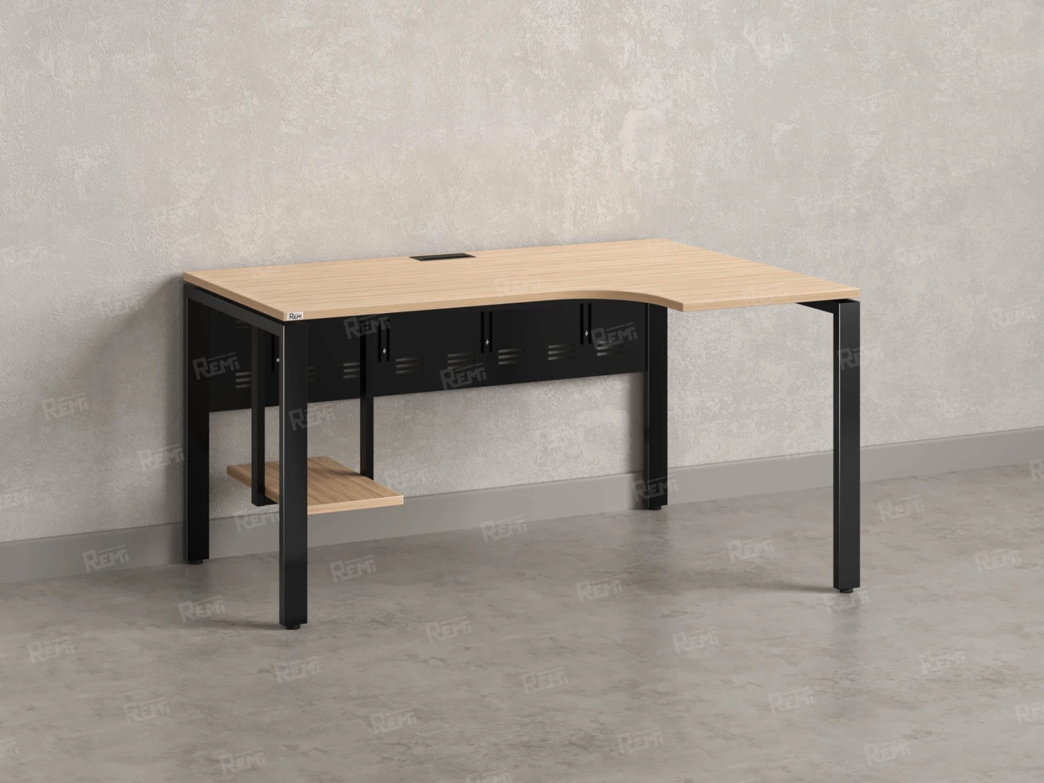 Стол угловой, экран металл, П-опора, правый 1400x900/1200x750, RM058-14x9-12 Вяз Швейцарский светлый/Черный