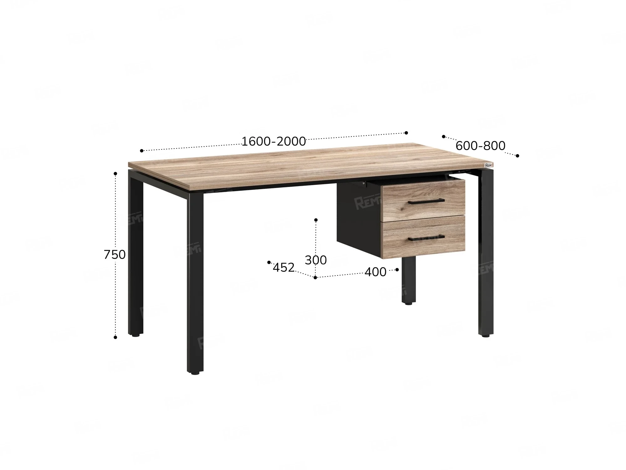 Стол прямой с подвесной тумбой 2 ящика, П-опора 2000x600x750 RM039-20x6 Дуб Маувелла/Черный