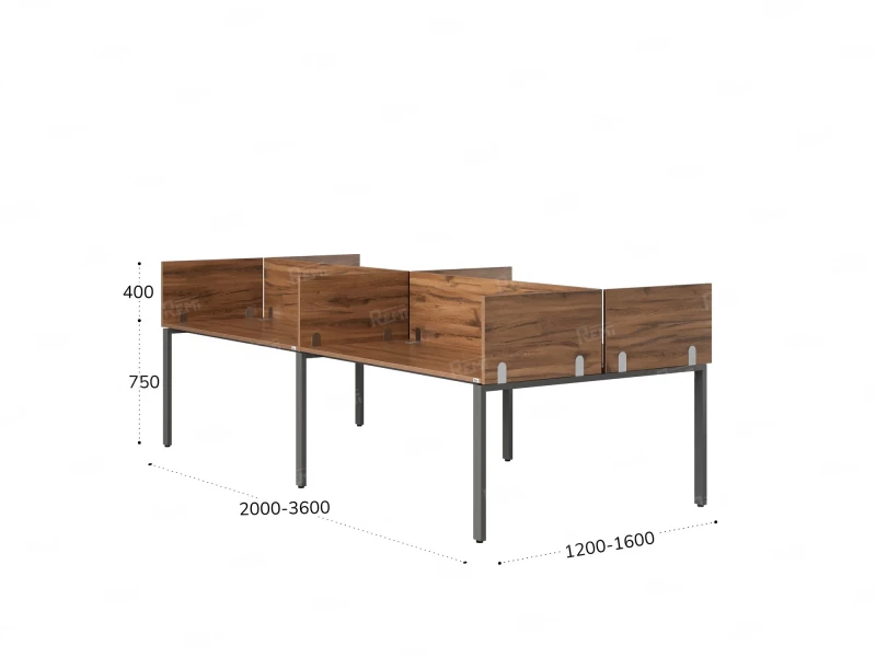 Бенч-система, 4 рабочих места, на П-образных опорах, 8 ЛДСП экранов 3600x1200x750 RM166-2-18x12 Дуб Юстус/Серый