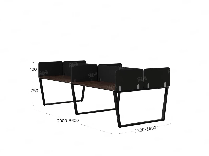 Бенч-система, 4 рабочих места, на U-образных опорах, 8 тканевых экранов 3200x1200x750 RM173-1-16x12 Дуб Апрельский шоколад/Черный