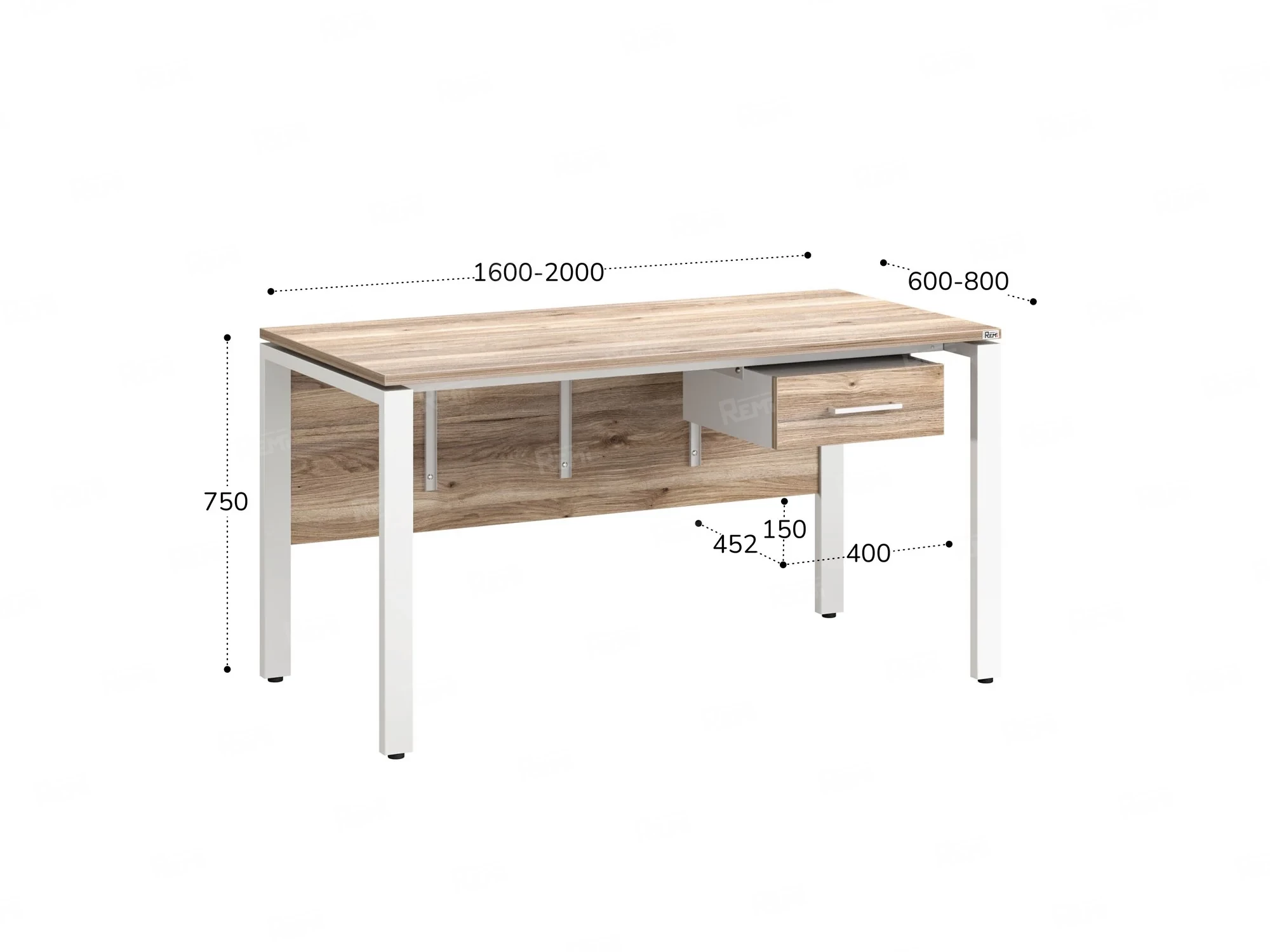 Стол прямой, подвесная тумба, ЛДСП экран, П-опора 1800x800x750 RM030-18x8 Дуб Маувелла/Белый
