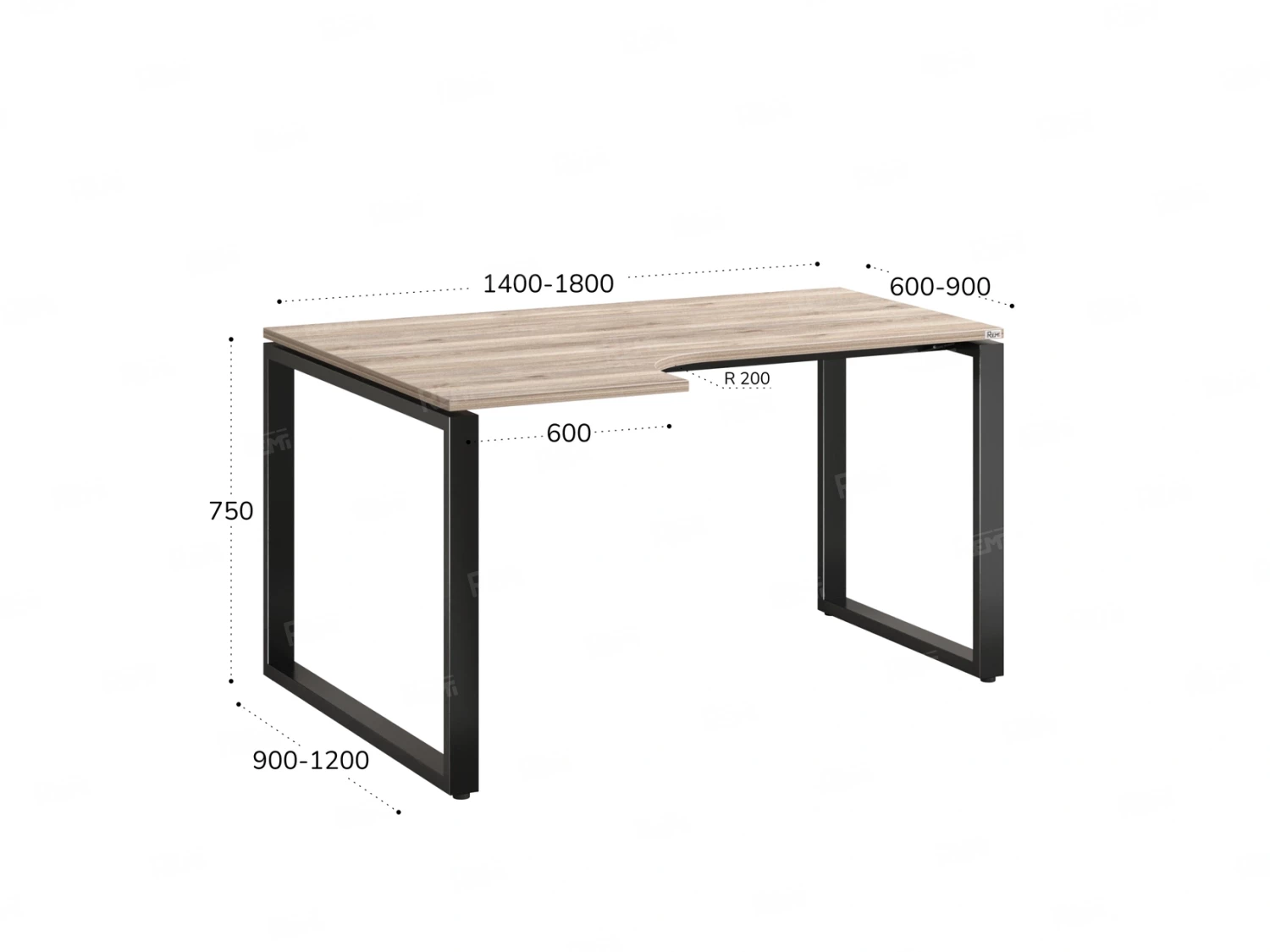 Стол угловой, О-опора, левый 1400x600/900x750, RM055-14x6-9 Дуб Маувелла/Черный