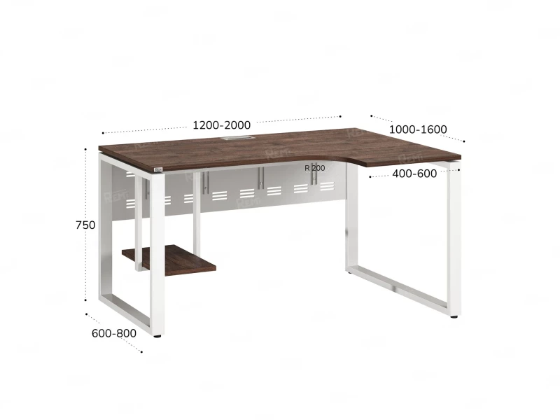 Стол угловой, экран металл, О-опора, правый 1600x900/1200x750, RM057-16x9-12 Дуб Апрельский шоколад/Белый
