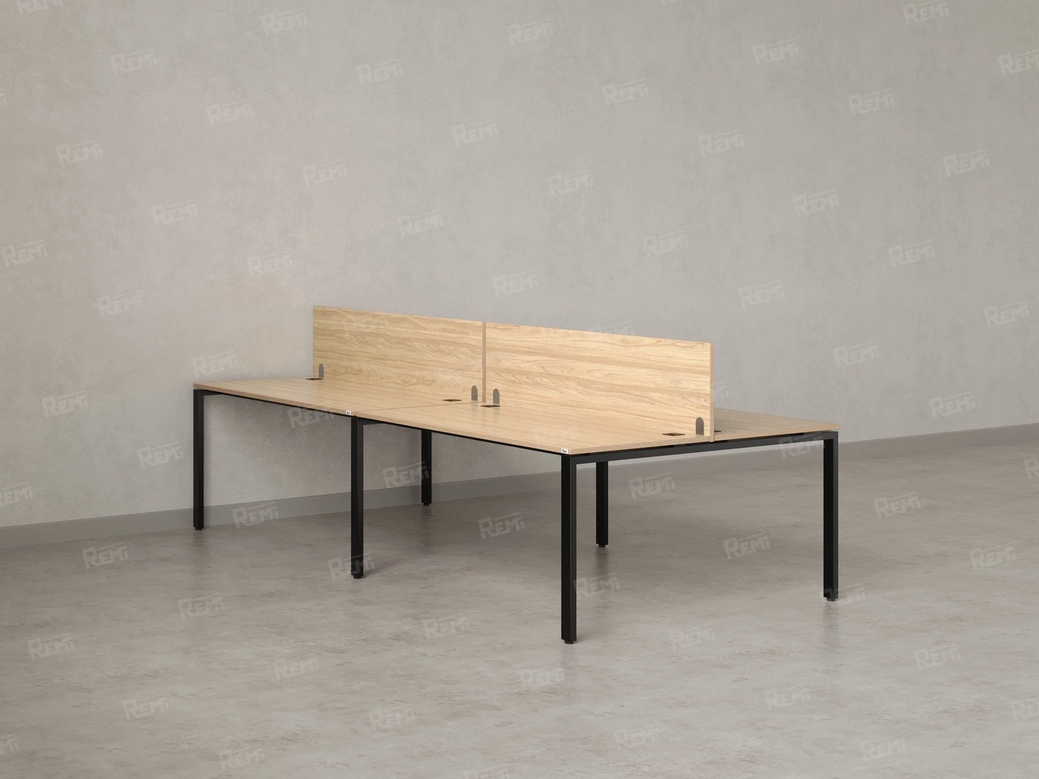 Бенч-система, 4 рабочих места, на П-образных опорах, 2 ЛДСП экранов 3200x1600x750 RM166-4-16x16 Вяз Швейцарский светлый/Черный