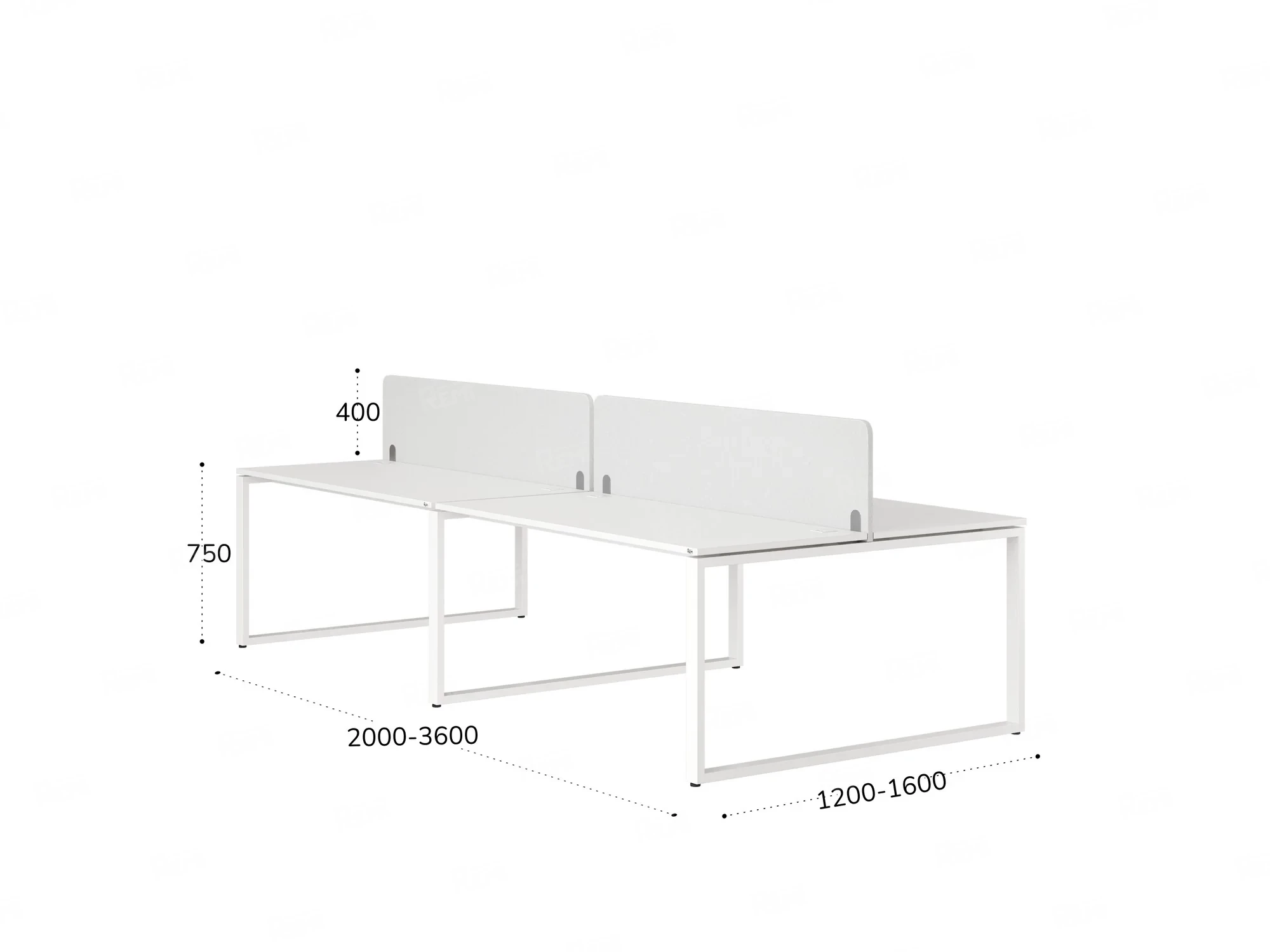 Бенч-система, 4 рабочих места, на О-образных опорах, 2 тканевых экранов 2400x1200x750 RM170-3-12x12 Белый/Белый