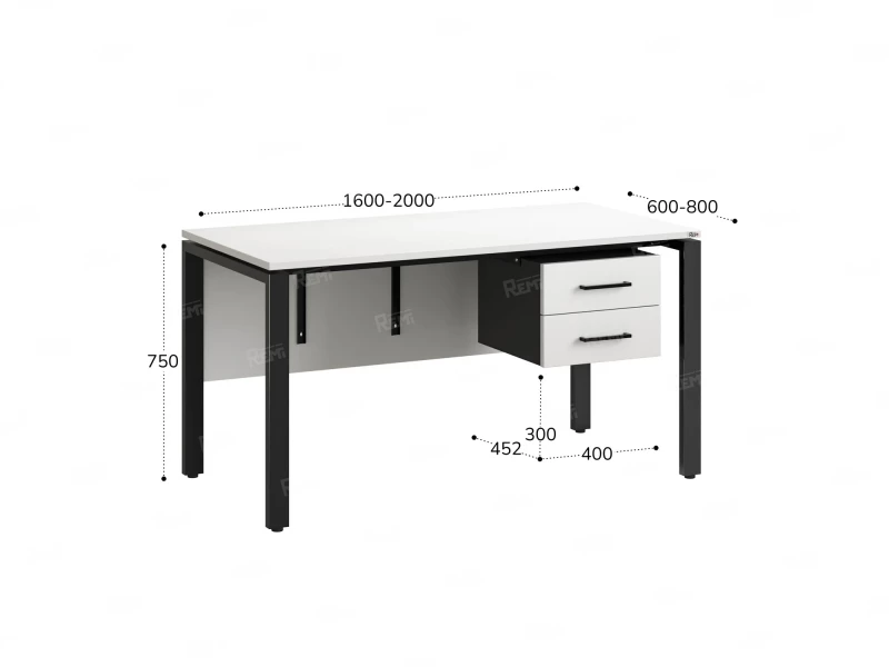 Стол прямой, подвесная тумба, ЛДСП экран, П-опора 1600x600x750 RM031-16x6 Белый/Черный