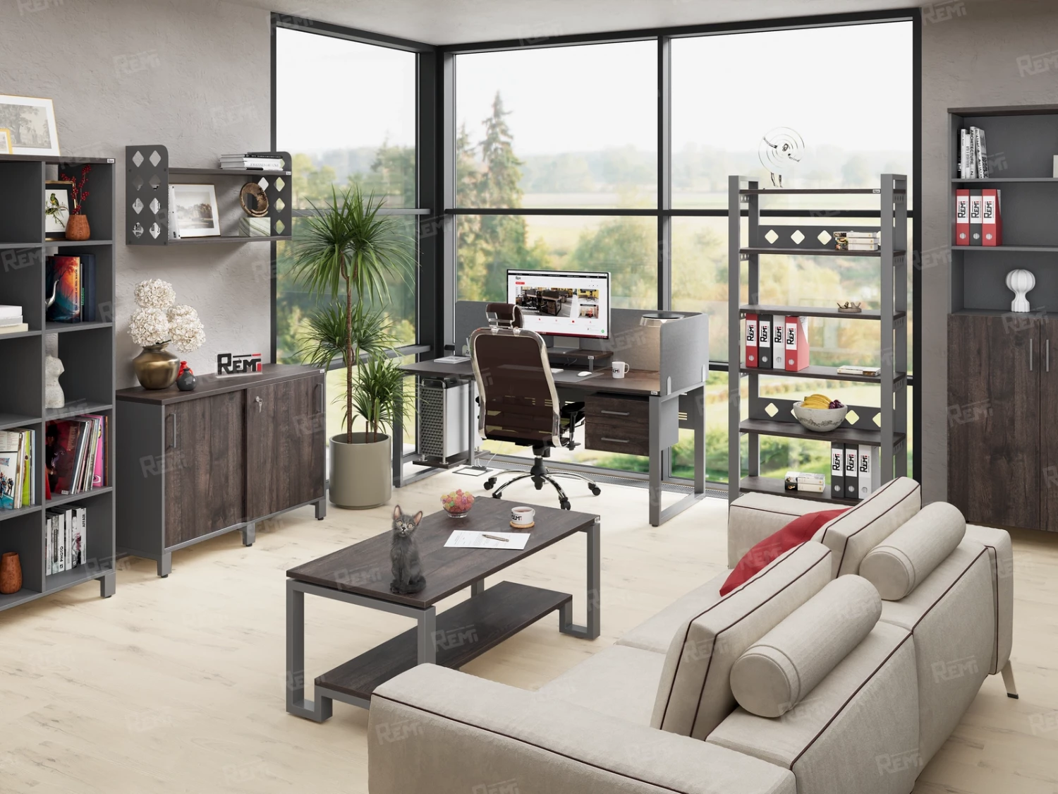 Cтол для переговоров, на П-образном каркасе 2300x1400x750 RM080-230x140 Дуб Апрельский шоколад/Серый