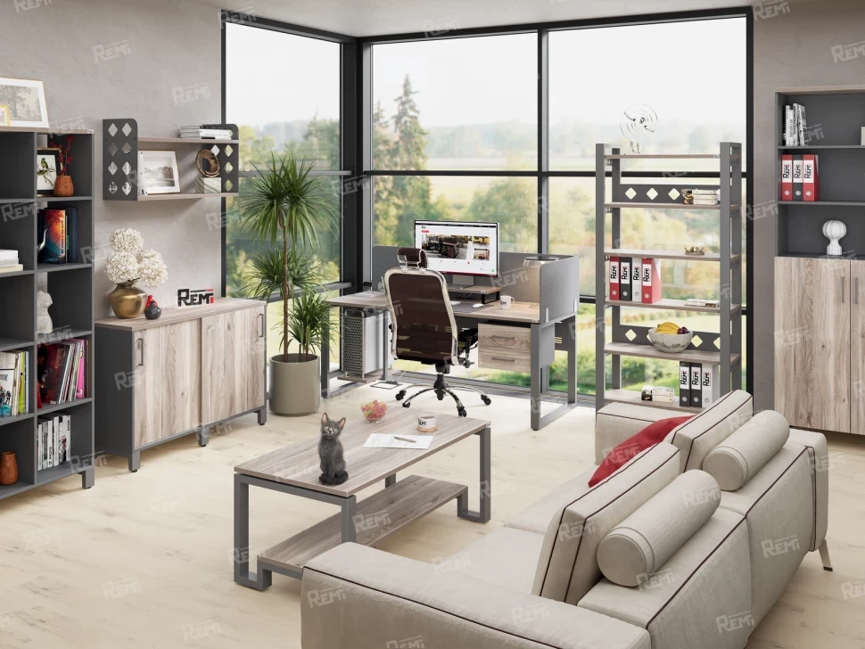 Стол прямой, подвесная тумба, ЛДСП экран, П-опора 1800x800x750 RM030-18x8 Дуб Маувелла/Серый