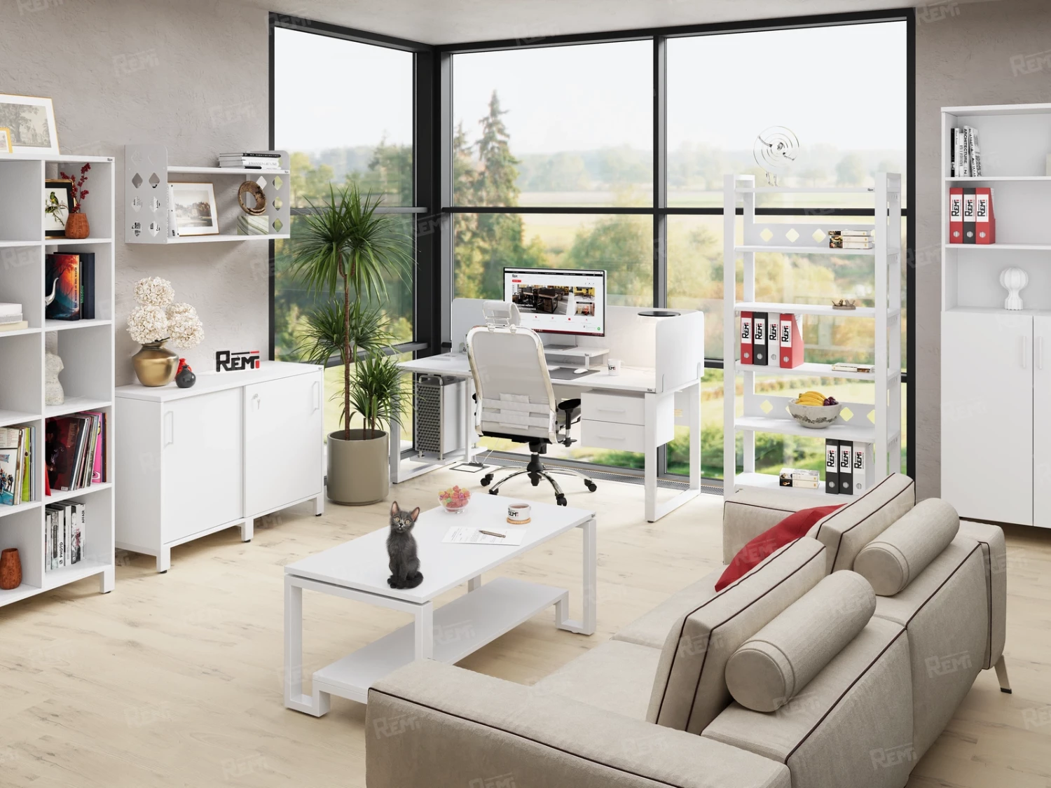 Бенч-система в 1 ряд, 2 рабочих места 5 ЛДСП экранов 2700x800x750 RM168-2-27x8 Белый/Белый