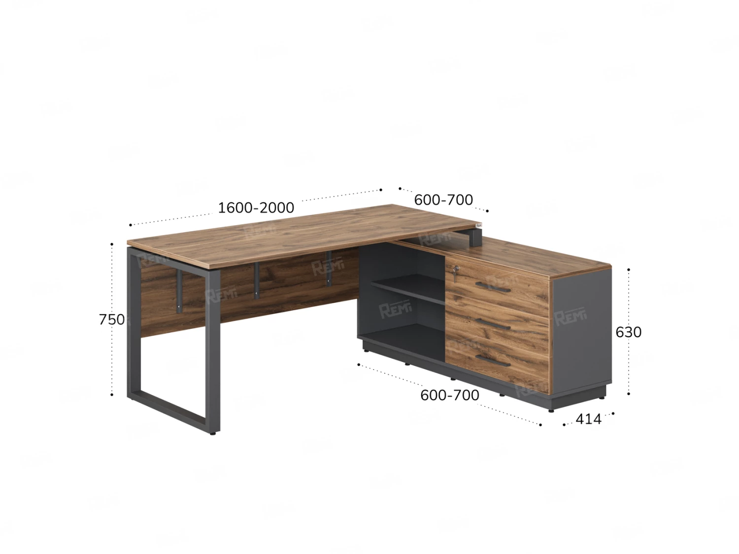 Стол прямой с тумбой R, ЛДСП экран, О-опора 2000x700x750 RM012R-20x7 Дуб Юстус/Серый