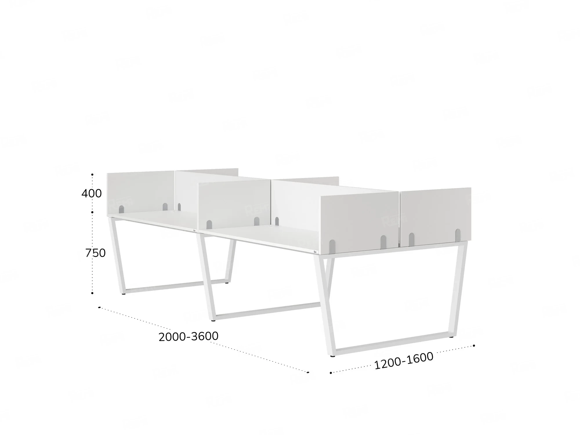 Бенч-система, 4 рабочих места, на U-образных опорах, 8 ЛДСП экранов 2800x1600x750 RM173-2-14x16 Белый/Белый