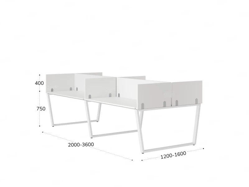 Бенч-система, 4 рабочих места, на U-образных опорах, 8 ЛДСП экранов 2800x1600x750 RM173-2-14x16 Белый/Белый