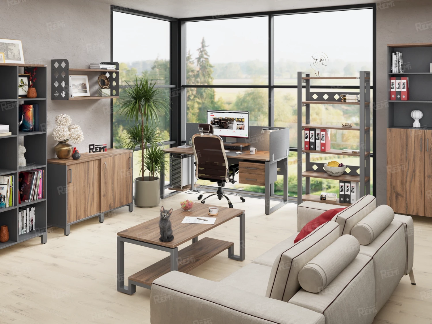 Cтол для переговоров, на П-образном каркасе 2500x1250x750 RM080-250x125 Дуб Юстус/Серый