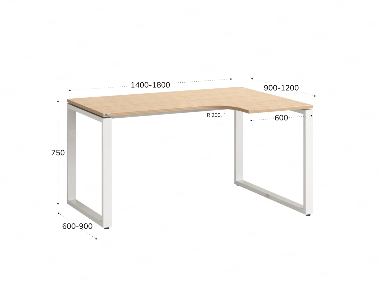 Стол угловой, О-опора, правый 1400x800/1000x750, RM054-14x8-10 Вяз Швейцарский светлый/Белый