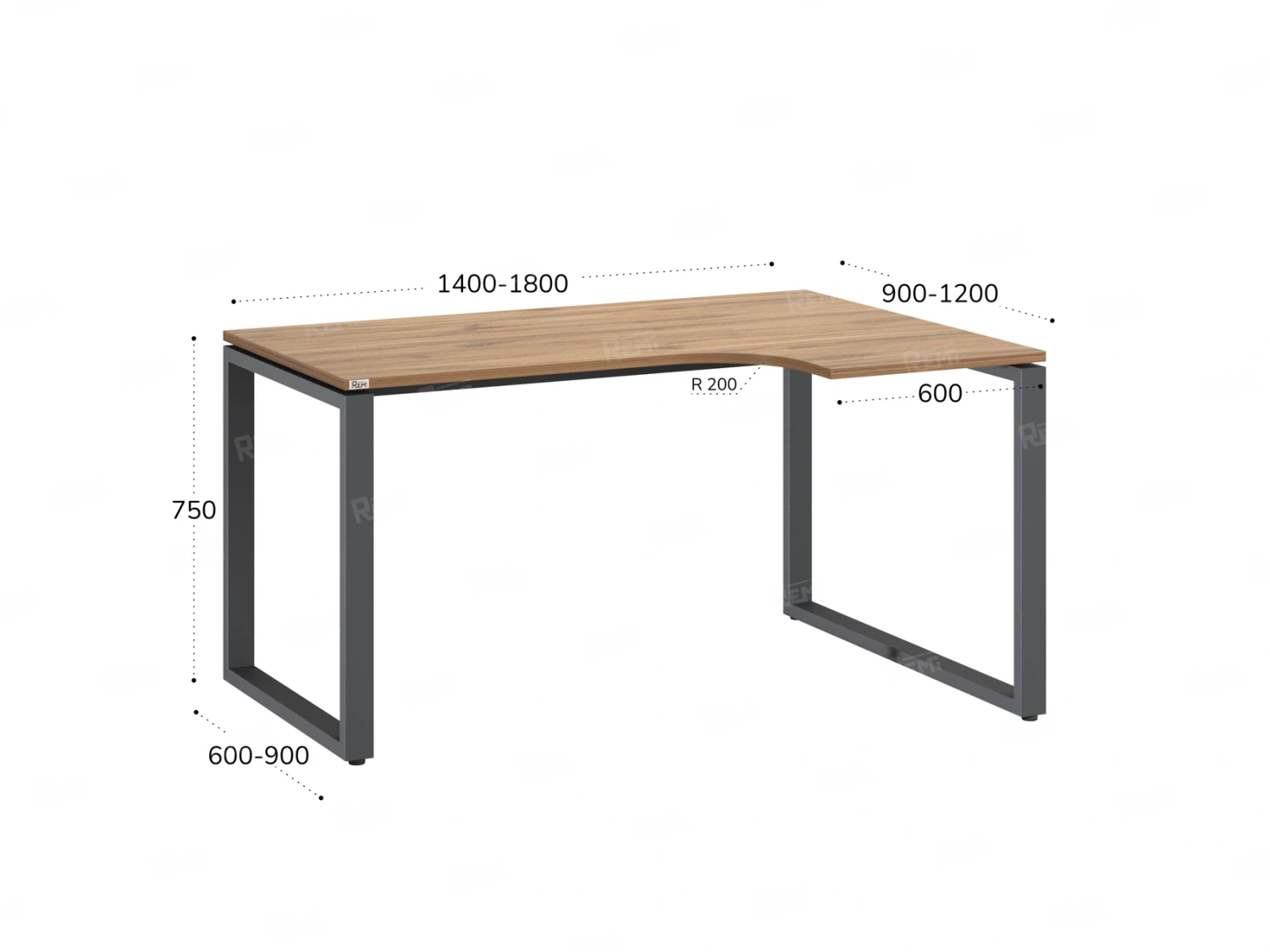 Стол угловой, О-опора, правый 1800x600/900x750, RM054-18x6-9 Дуб Юстус/Серый