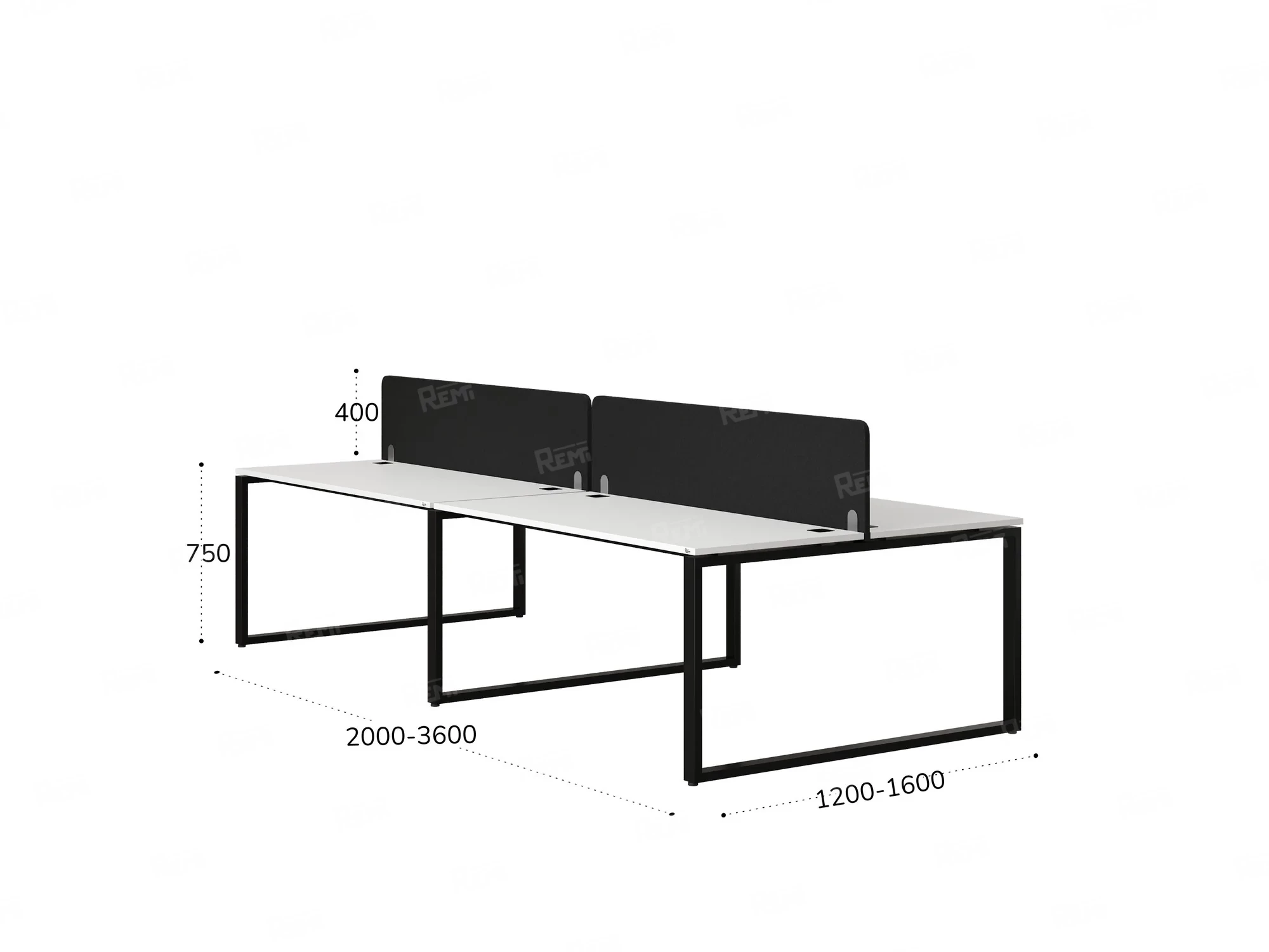 Бенч-система, 4 рабочих места, на О-образных опорах, 2 тканевых экранов 2400x1200x750 RM170-3-12x12 Белый/Черный