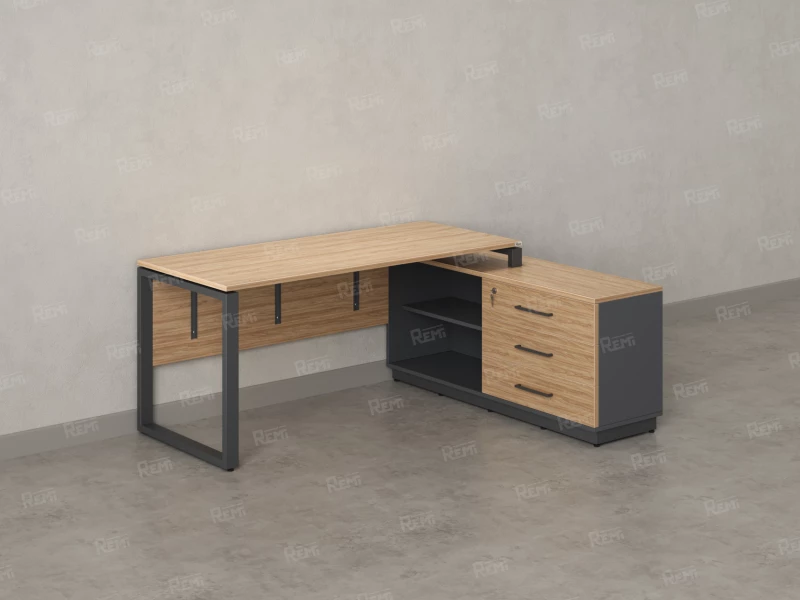 Стол прямой с тумбой R, ЛДСП экран, О-опора 1400x1400x750 RM012R-14x7 Вяз Швейцарский светлый/Серый