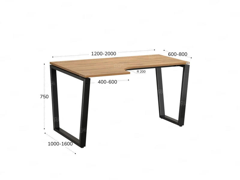 Стол угловой, U-опора, левый 1600x600/900x750, RM051-16x6-9 Дуб Юстус/Черный