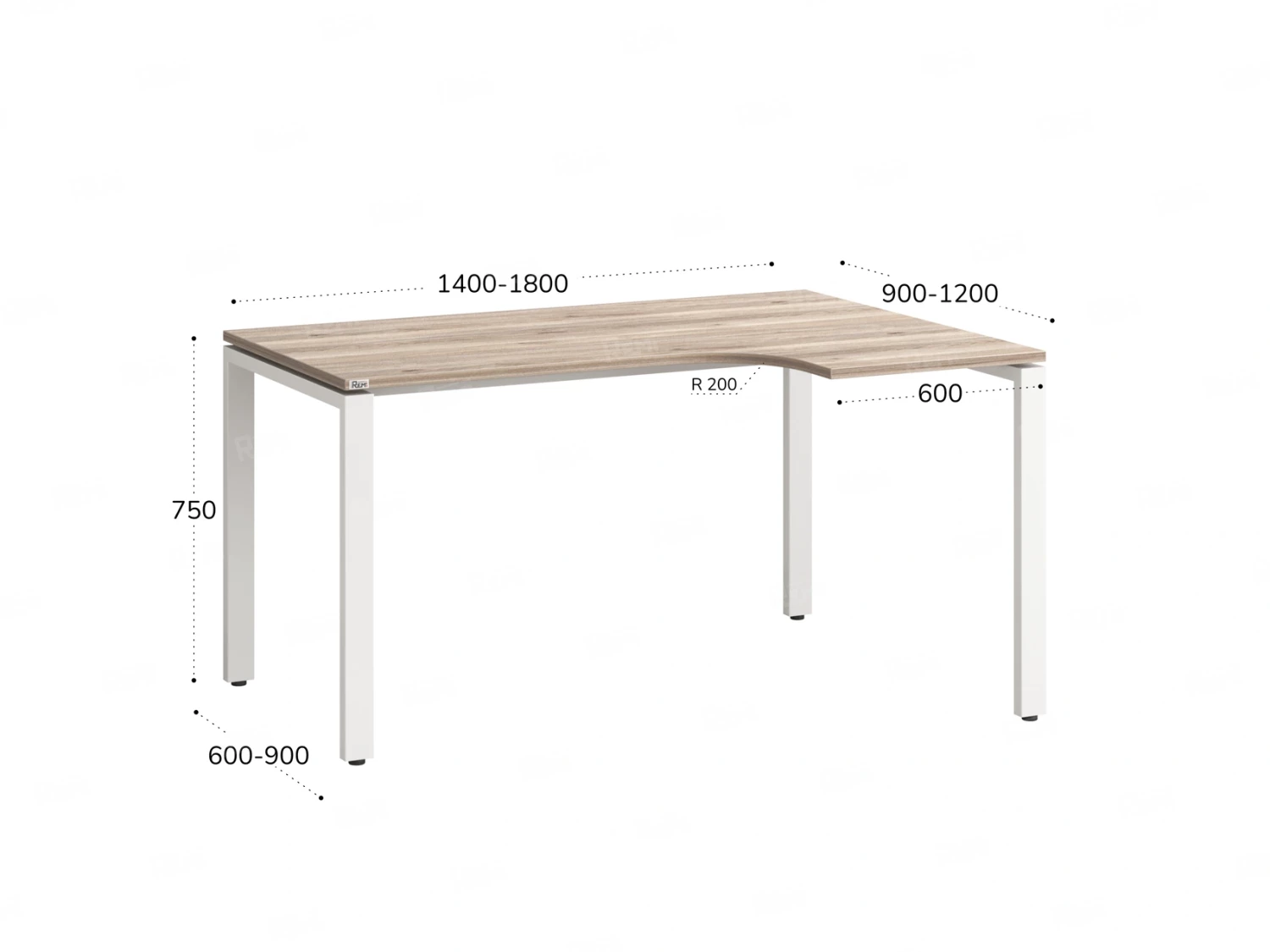 Стол угловой, П-опора, правый 1800x900/1200x750, RM052-18x9-12 Дуб Маувелла/Белый