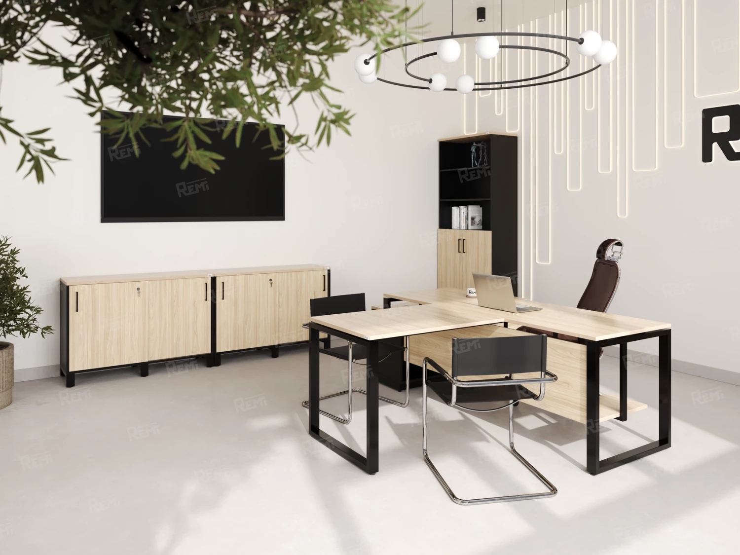 Стол прямой с подвесной тумбой, О-опора 2000x800x750 RM036-20x8 Вяз Швейцарский светлый/Черный